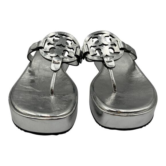 Tory Burch Miller Leather Wedge Platform Sandals Metallic Silver Size 7.5M - Picture 2 of 8
